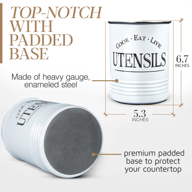 WH Walford Home Original Kitchen Utensil Holder Crock  White With Premium Padded Base - Vintage Farmhouse Home Kitchen Decor - Large Kitchen Tool Utensil Storage Caddy Organizer - Image 3