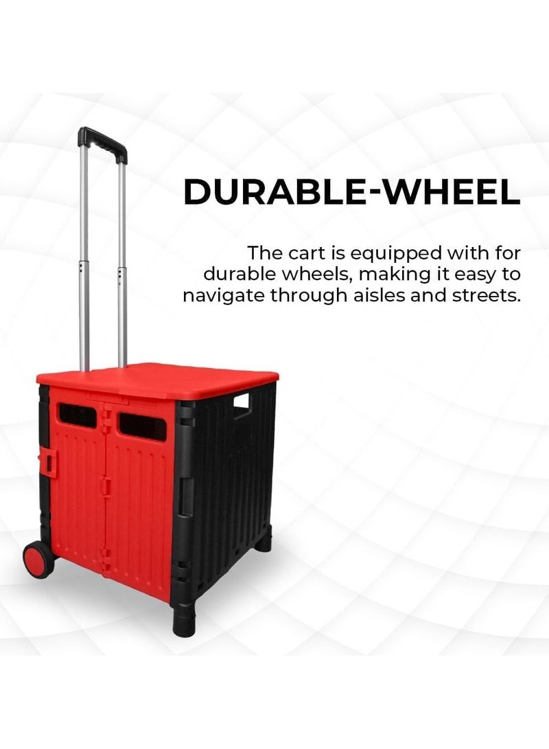 BERRY Berry 50L Foldable Utility Cart – Portable Rolling Crate with Lid, 40KG Collapsible Basket & 2 Wheels | Multipurpose Shopping Trolley for Shopping, Camping & Moving (Red&Black)  - Image 3