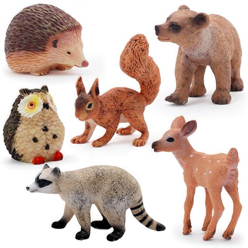 Gemini&Genius GeminiGenius Woodland Animal Toys 6Pcs Forest Animal Toy Figures with Bear Hedgehog Deer Raccoon Squirrel and Owl North American Wildlife Great Cake Toppers for Baby Shower and Gifts for Kids - Image 1