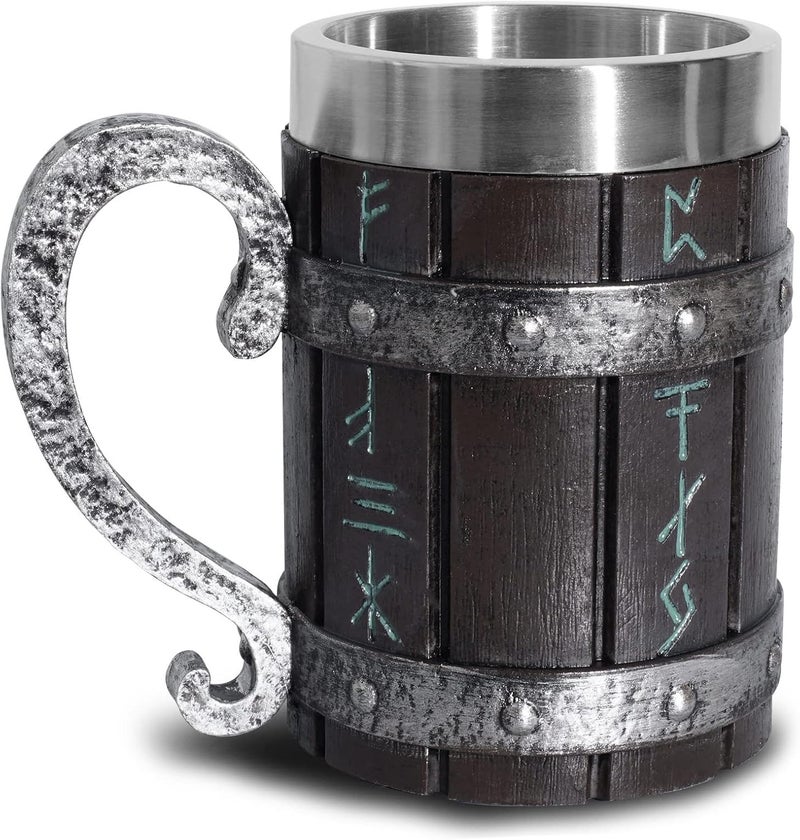 Ottalent Nordic Viking Mug,Oak Wooden Beer Stein Stainless Steel Liner,Nordic mythology Viking Runes Tankard Coffee Cup for Men Father’s Day Gift 18oz. - Image 1
