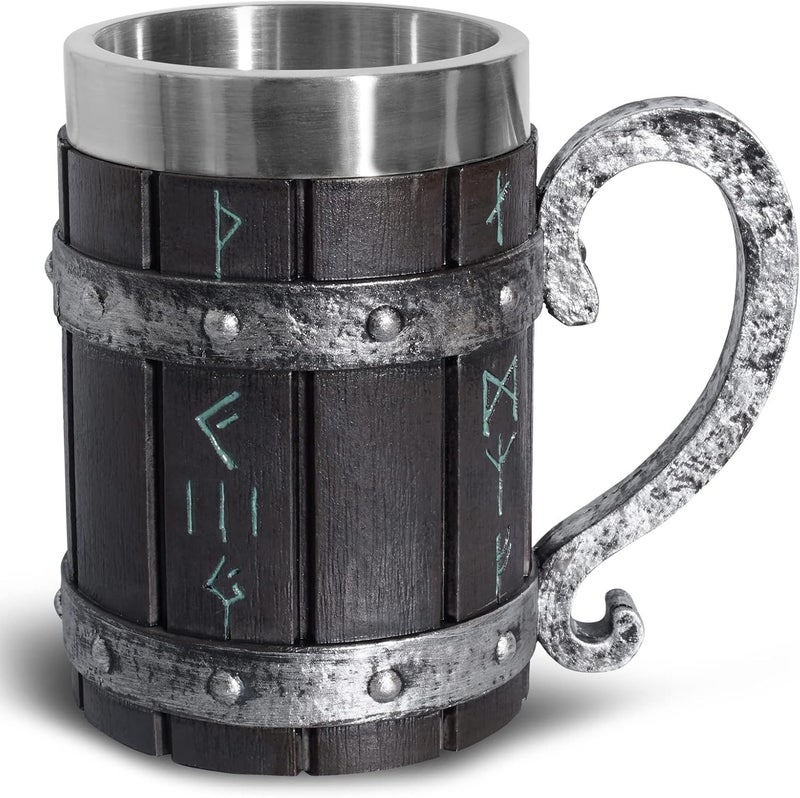 Ottalent Nordic Viking Mug,Oak Wooden Beer Stein Stainless Steel Liner,Nordic mythology Viking Runes Tankard Coffee Cup for Men Father’s Day Gift 18oz. - Image 2