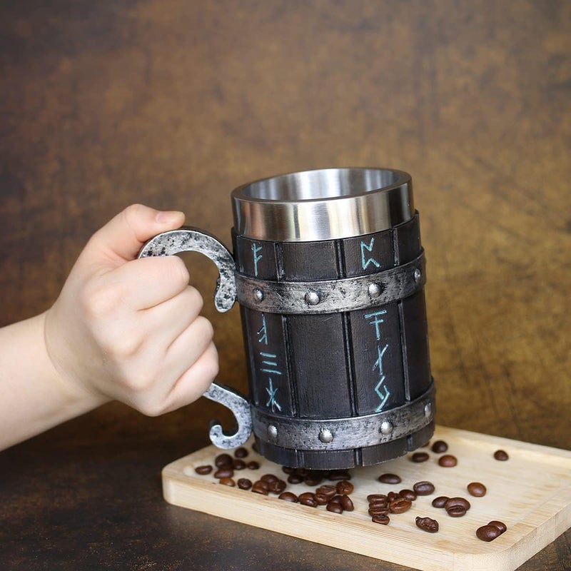 Ottalent Nordic Viking Mug,Oak Wooden Beer Stein Stainless Steel Liner,Nordic mythology Viking Runes Tankard Coffee Cup for Men Father’s Day Gift 18oz. - Image 3
