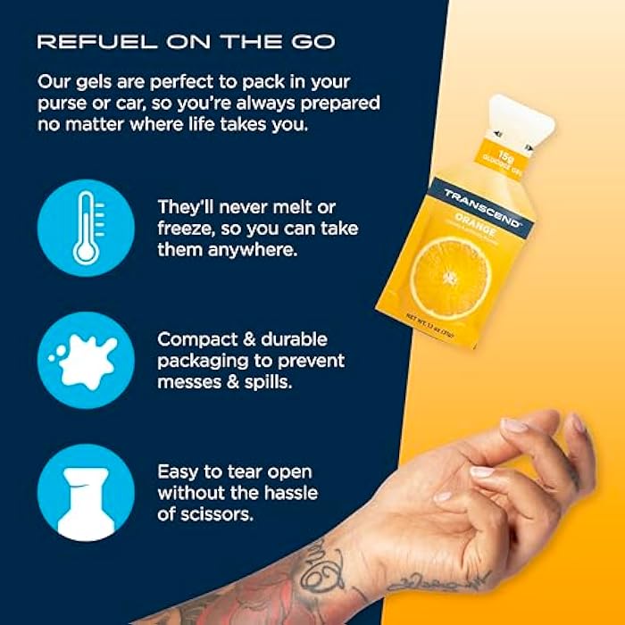 Transcend Foods Orange Gel (1.1 oz, Pack of 10) Fast-Acting Carb Gel Orange Flavor – Caffeine Free, Gluten Free - Image 5