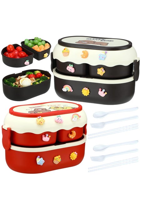 2 Pcs Kawaii Bento Box Leakproof Stackable Lunch Container with 3 Compartments Portable Preschool Lunch Box Container with Handle Microwave Safe Lunchbox Snack Food Box with Stickers for Kids Picnic