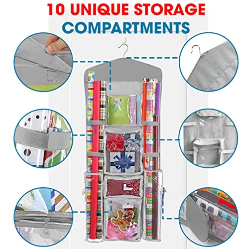ProPik Hanging Double Sided Christmas Gift Wrapping Paper Storage Organizer With Multiple Pockets Organize Your Gift Wrap, Gift Bags Bows Ribbons 40"X17" Fits 40 Inch Rolls Clear PVC Bag 1 Unit (Grey) - Image 3