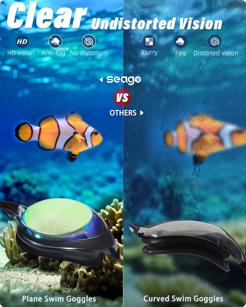 Seago نظارات سباحة 2 حزمة نظارات سباحة مضادة للضباب للبالغين حماية من الأشعة فوق البنفسجية تناسب الرجال والنساء والشباب، لا تسرب، ختم سيليكون ناعم، عدسة مسطحة رؤية واضحة، 3 أحجام لجسر الأنف - Image 3