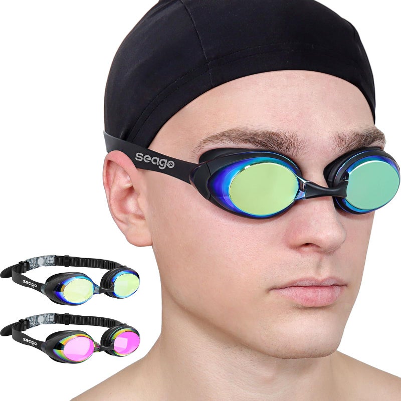 Seago نظارات سباحة 2 حزمة نظارات سباحة مضادة للضباب للبالغين حماية من الأشعة فوق البنفسجية تناسب الرجال والنساء والشباب، لا تسرب، ختم سيليكون ناعم، عدسة مسطحة رؤية واضحة، 3 أحجام لجسر الأنف - Image 1