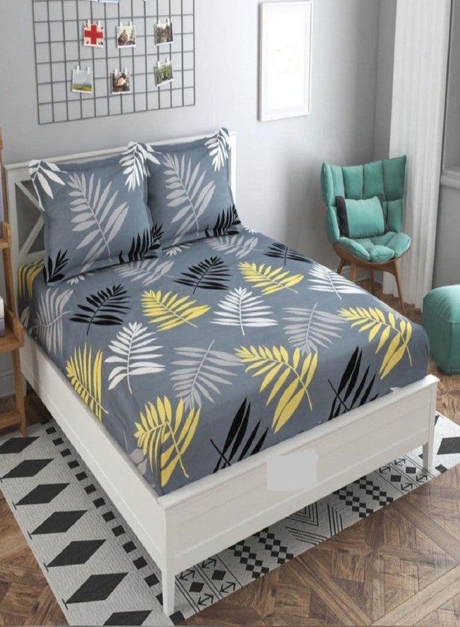 Avinya Cotton Feel Glace Cotton Elastic Fitted Printed Queen Size Double Bed Bedsheet with 2 Pillow Cover(72"x72" Gray) - Image 1