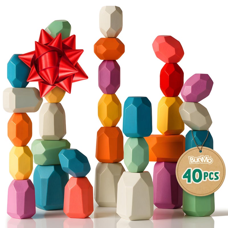 BUNMO 40pcs Wooden Stacking Toys - Montessori Educational Blocks for Toddlers, Non-Toxic, Safe, and Durable for Kidsâ€™ Creative Play and Learning - Image 1