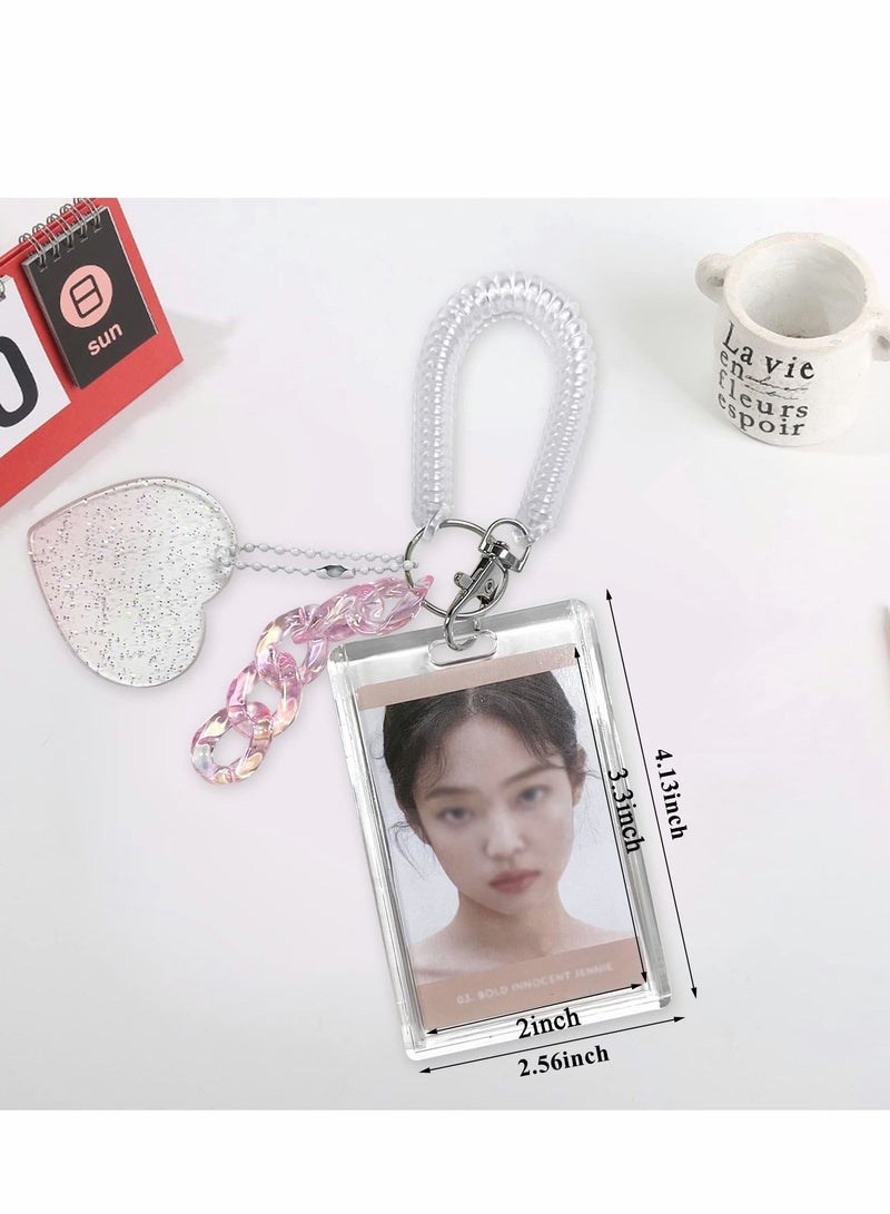 واي آند دي Acrylic Photocard Holders Keychain ID Badge Holder with Spiral Wrist Coil Transparent Card Waterproof Photo Protector for School Office Access Women Girls (Pink, 2Pcs) - Image 2