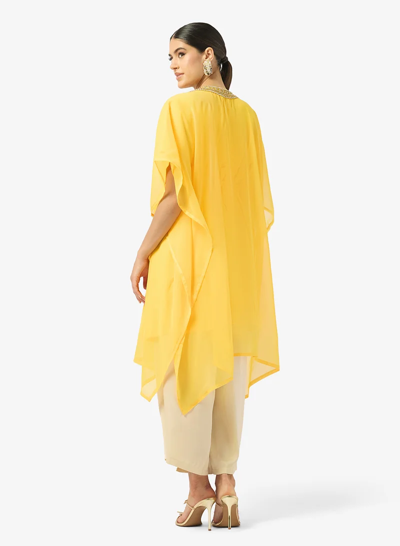 ARABIAN CLOSET Gold Embroidered Round Neckline Kaftan