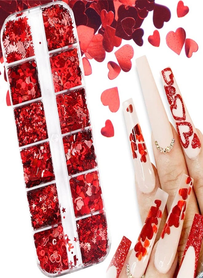 KZBTRBT Heart Nail Art Glitter Valentine's Day 3D Holographic Sparky Love Heart Nail Sequins Laser Hearts Nail Supplies Butterfly Letter Star Glitters Flakes Acrylic Nail Charm Heart Design Decoration 12 Grid - Image 1