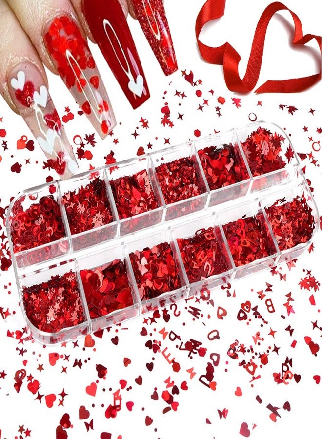 KZBTRBT Heart Nail Art Glitter Valentine's Day 3D Holographic Sparky Love Heart Nail Sequins Laser Hearts Nail Supplies Butterfly Letter Star Glitters Flakes Acrylic Nail Charm Heart Design Decoration 12 Grid - Image 3