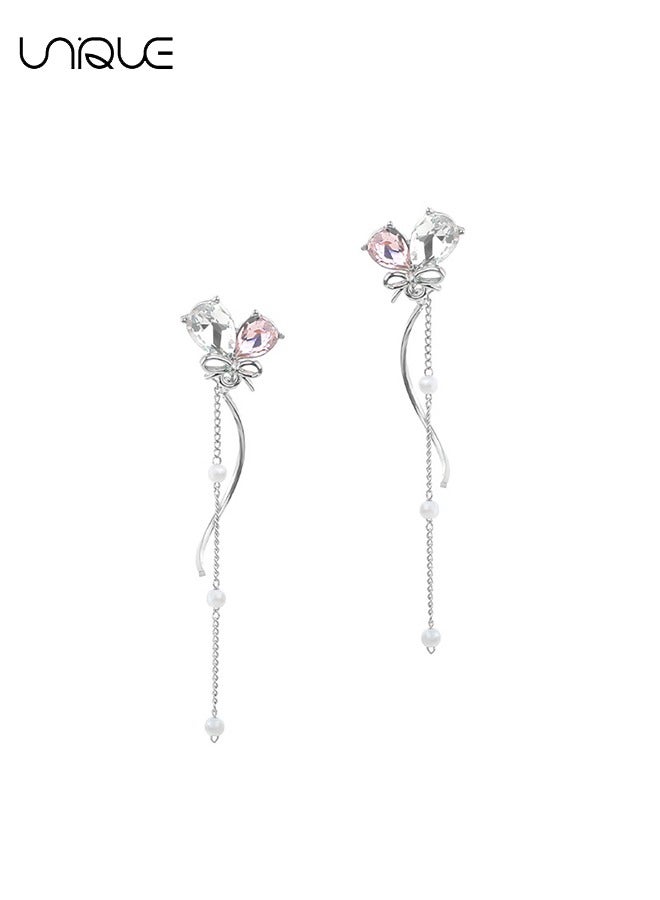 يونيك أقراط - أقراط شرابة طويلة - أقراط مرصعة بالماس - أقراط غير متماثلة - أقراط شرابة لؤلؤية قلب الخوخ - أنيقة وبسيطة - Image 1