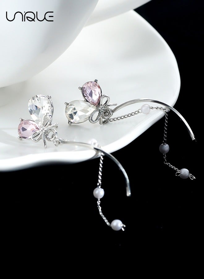 يونيك أقراط - أقراط شرابة طويلة - أقراط مرصعة بالماس - أقراط غير متماثلة - أقراط شرابة لؤلؤية قلب الخوخ - أنيقة وبسيطة - Image 3