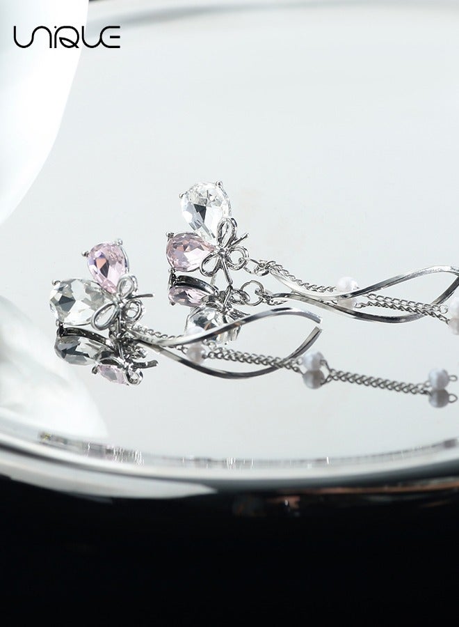 يونيك أقراط - أقراط شرابة طويلة - أقراط مرصعة بالماس - أقراط غير متماثلة - أقراط شرابة لؤلؤية قلب الخوخ - أنيقة وبسيطة - Image 2