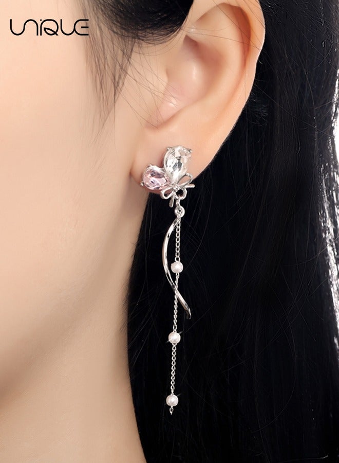 يونيك أقراط - أقراط شرابة طويلة - أقراط مرصعة بالماس - أقراط غير متماثلة - أقراط شرابة لؤلؤية قلب الخوخ - أنيقة وبسيطة - Image 5