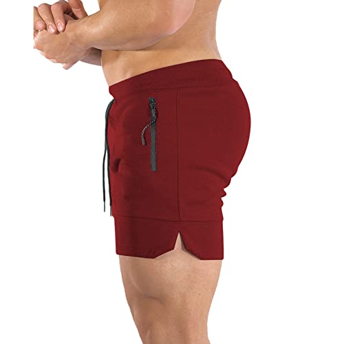 PIDOGYM Men's 5" Gym Workout Shorts,Fitted Jogging Short Pants for Bodybuilding Running Training with Zipper Pockets Wine Red - Image 2
