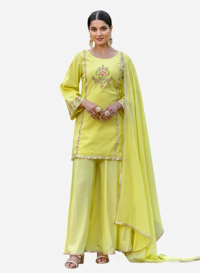 KASYA Yellow Embroidered Kurta with Flared Pant and Chiffon Dupatta Set