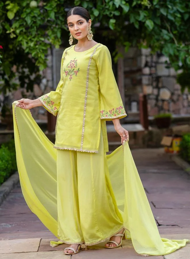 KASYA Yellow Embroidered Kurta with Flared Pant and Chiffon Dupatta Set