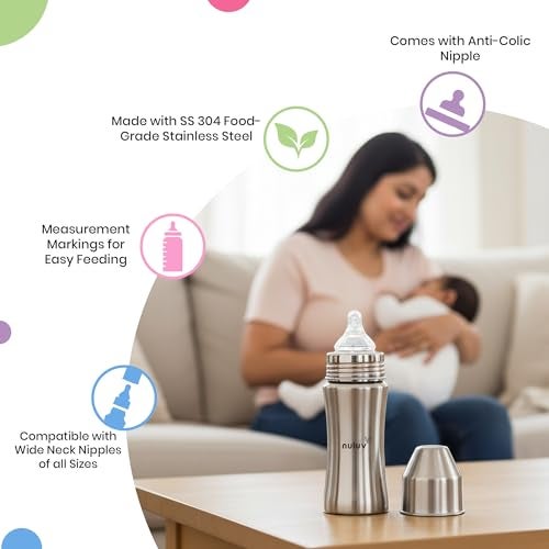 Nuluv Nourish+ Stainless Steel Wide Neck Feeding Bottle 250ml with L Size Nipple & ML Markings, 9+ Months Babies, with Anti-Colic Silicone Nipple, Food Grade, BPA-Free, Plastic-Free, BIS Certified - Image 3