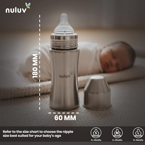 Nuluv Nourish+ Stainless Steel Wide Neck Feeding Bottle 250ml with L Size Nipple & ML Markings, 9+ Months Babies, with Anti-Colic Silicone Nipple, Food Grade, BPA-Free, Plastic-Free, BIS Certified - Image 2