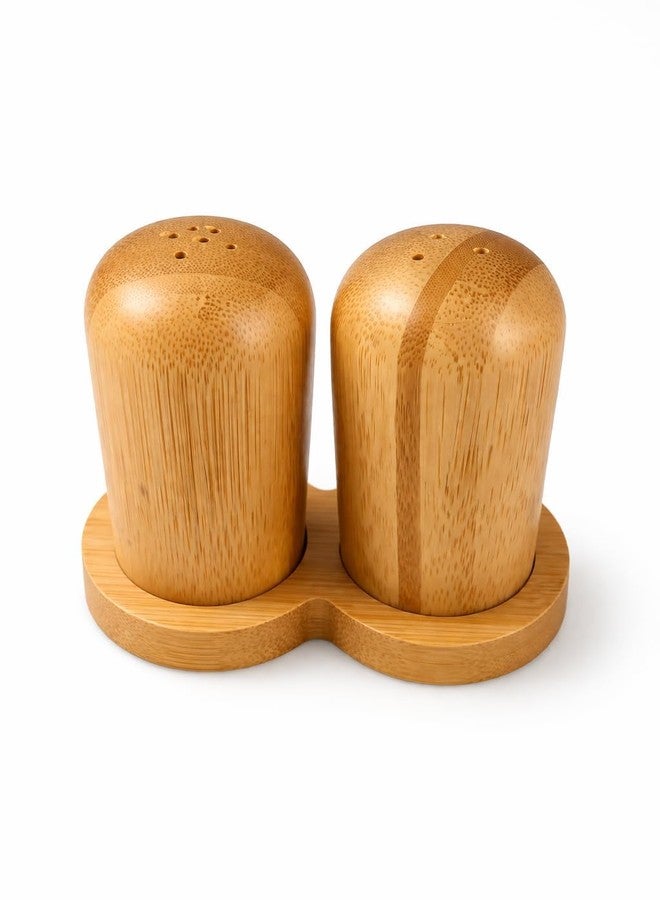 Teraabliss Bamboo Salt and Pepper Shakers Set with Stand Natural Wooden Spice Dispenser Bottles, Refillable Salt & Pepper Holder Set for Kitchen, Dining Table Restaurant (Round Pepper & Salt Shaker) - Image 1