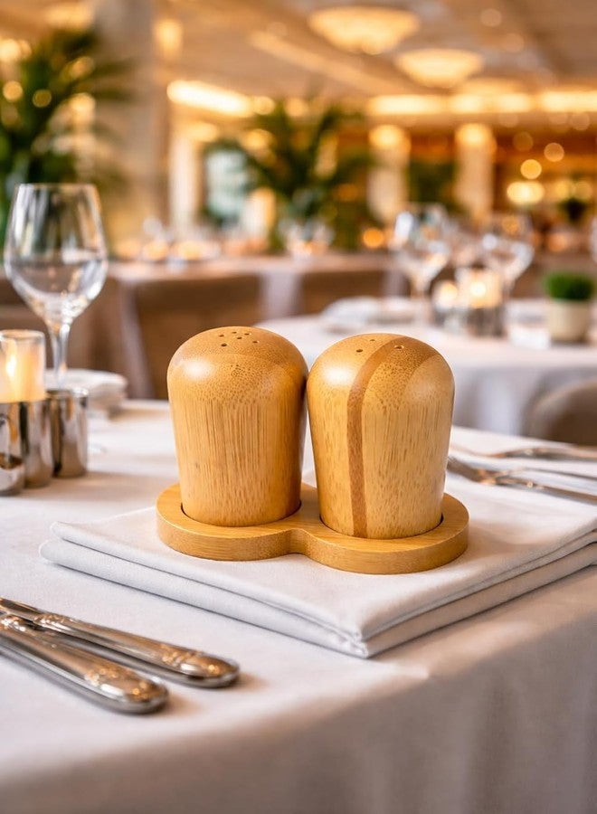 Teraabliss Bamboo Salt and Pepper Shakers Set with Stand Natural Wooden Spice Dispenser Bottles, Refillable Salt & Pepper Holder Set for Kitchen, Dining Table Restaurant (Round Pepper & Salt Shaker) - Image 2