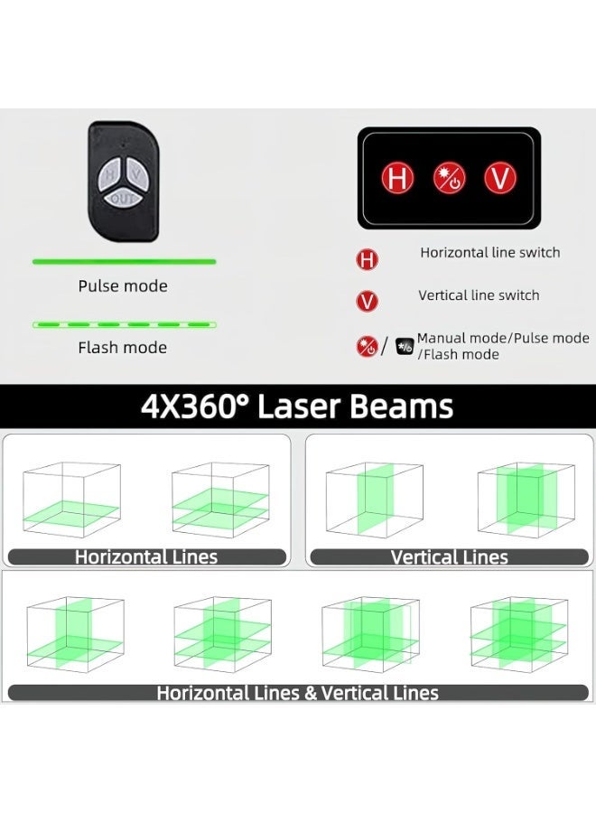 او تو او مستوى ليزر أخضر 4x360° بـ 16 خطًا مع حامل ثلاثي القوائم، وخطوط متقاطعة خضراء رباعية الأبعاد للبناء وتعليق الصور، وأداة قياس بالليزر مع بطاريتين قابلتين لإعادة الشحن وحقيبة أدوات... - Image 3