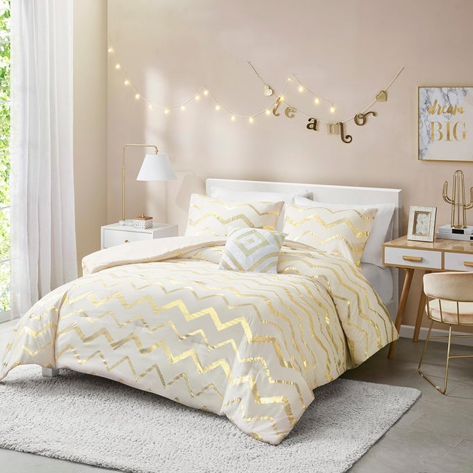 WHITE AND GOLD BED COMFORTER SET CUTE QUEEN AND FULL SIZE GOLDEN TEEN GIRLS BEDDING 4 PIECES ALL SEASONS WARM