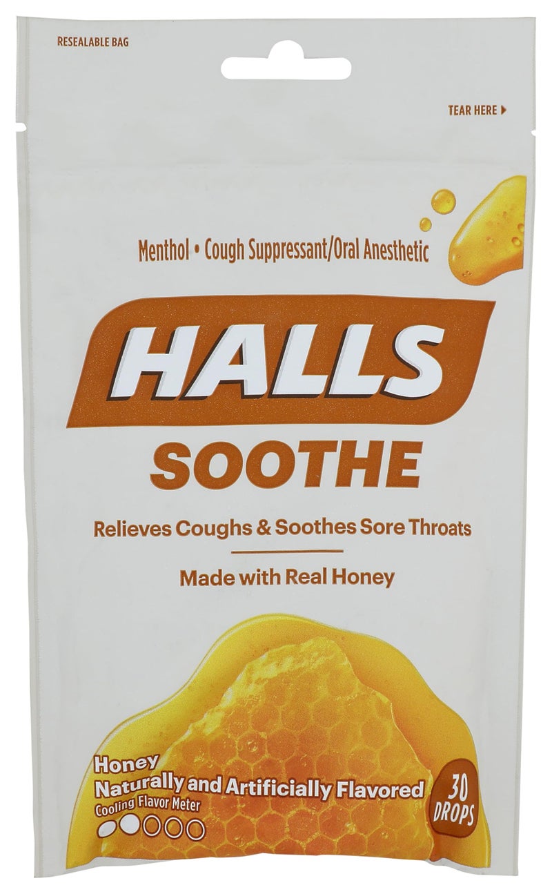 HALLS Soothe Honey Menthol Flavor Cough Drops, 1 Bag (30 Total Drops) - Image 1