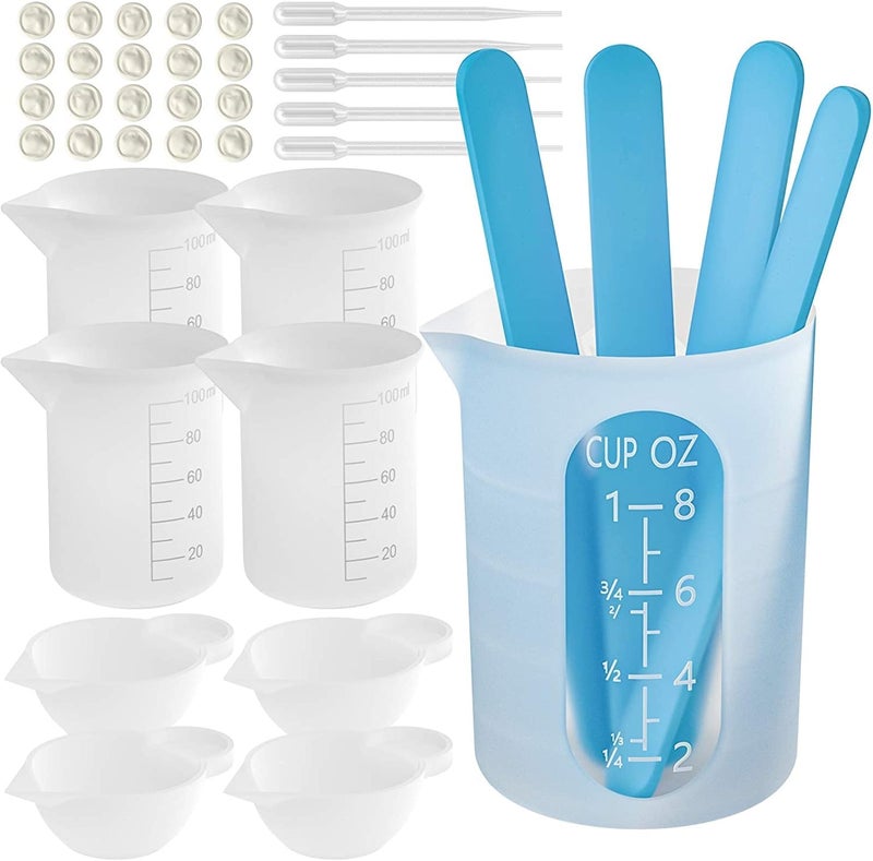 Jubilant Silicone Resin Measuring Cups Tool Kit- 250 & 100 ml Measure Cups, Silicone Popsicle Stir Sticks & Spatula, Pipettes, Gloves for Epoxy Resin Mixing, Molds, Jewelry Making, Waxing, Easy Clean - Image 1