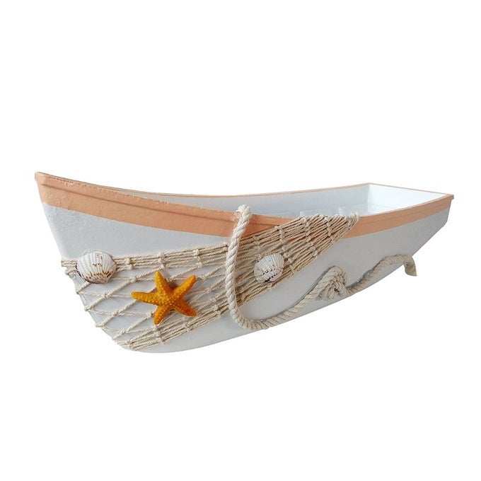 BEACH THEME DISPLAY TRAY WITH STAR FISH SEA SHELL AND FISH NET 17L WHITE WOODEN NAUTICAL BOAT DECOR MINIATURE MODEL