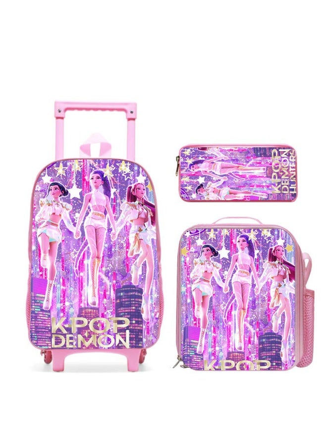 KPOP 3 in 1 Kpop Demon Rolling Luggage Set, Kids Wheeled School Suitcase with Lunch Bag and Pencil Case, Children Travel Trolley Backpack Set - Image 1
