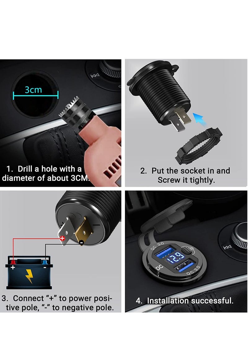 Captaintech 12V Car Charger USB Outlet, Dual Quick Charge 3.0 Socket with LED Voltmeter and Power Switch, Waterproof Aluminum Adapter for RV Marine Motorcycle Truck Golf Cart, etc - Image 5
