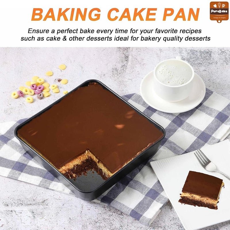 PureBake صينية كعكة مربعة معتمدة من SGS | صينية كعكة مربعة | صينية كعكة مربعة غير لاصقة 9 بوصة، مجموعة من 1، مجموعة أدوات الخبز من الصلب الكربوني، أسود - Image 5