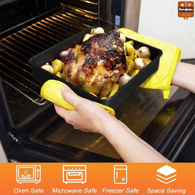 PureBake صينية كعكة مربعة معتمدة من SGS | صينية كعكة مربعة | صينية كعكة مربعة غير لاصقة 9 بوصة، مجموعة من 1، مجموعة أدوات الخبز من الصلب الكربوني، أسود - Image 4