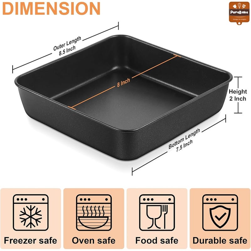 PureBake صينية كعكة مربعة معتمدة من SGS | صينية كعكة مربعة | صينية كعكة مربعة غير لاصقة 9 بوصة، مجموعة من 1، مجموعة أدوات الخبز من الصلب الكربوني، أسود - Image 2