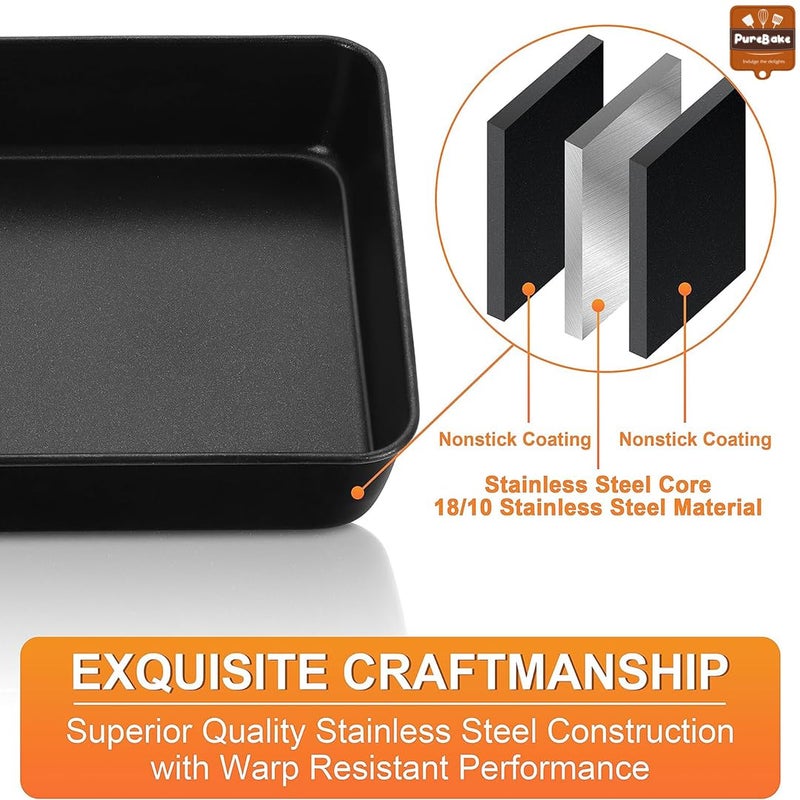 PureBake صينية كعكة مربعة معتمدة من SGS | صينية كعكة مربعة | صينية كعكة مربعة غير لاصقة 9 بوصة، مجموعة من 1، مجموعة أدوات الخبز من الصلب الكربوني، أسود - Image 3