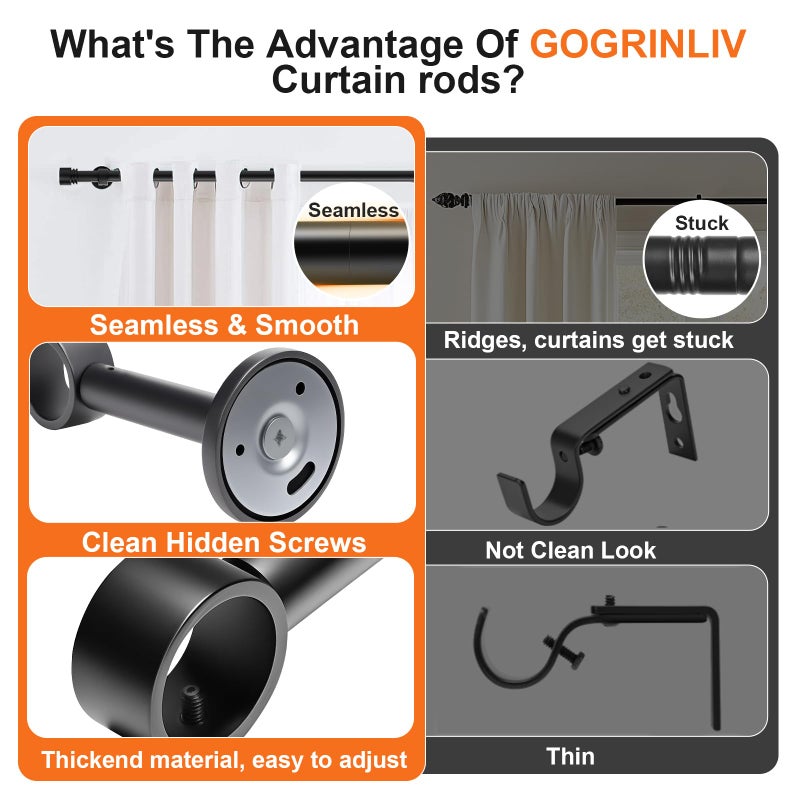 Gogrinliv Heavy Duty Extra Long Curtain Rods 144-240 Inches, Adjustable for 12-20ft Large Windows & Sliding Doors - 1â€ Thick Metal Reinforced Brackets, Black Curtain Drapery Rod for Living Room Outdoor Patio - Image 3
