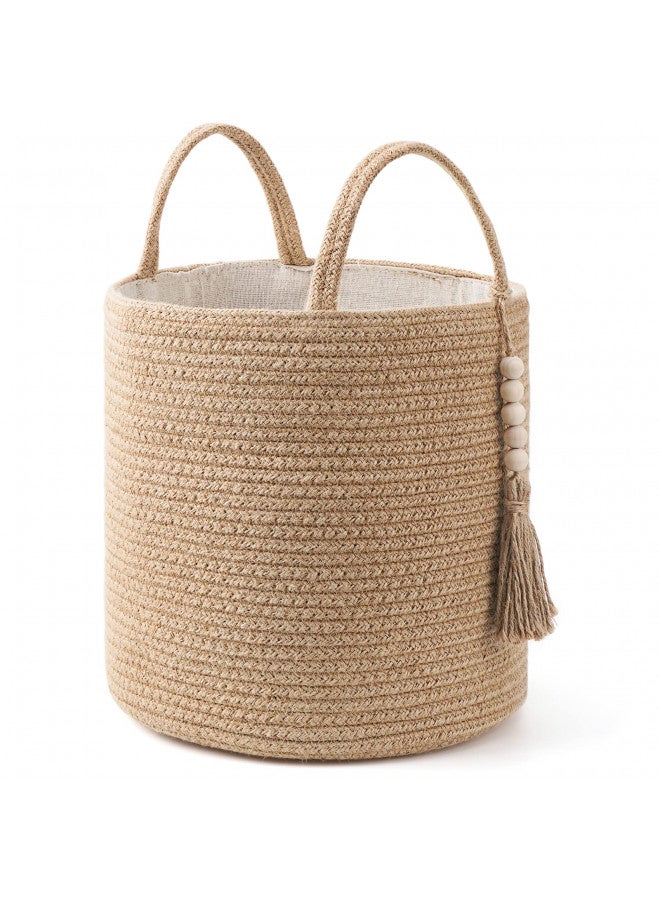 Mkono Mkono Woven Storage Basket Decorative Rope Basket Wooden Bead Decoration for Blankets,Toys,Clothes,Shoes,Plant Organizer Bin with Handles Living Room Home Decor, Jute, 11" W x 11"L - Image 1