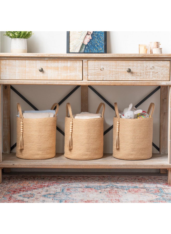 Mkono Mkono Woven Storage Basket Decorative Rope Basket Wooden Bead Decoration for Blankets,Toys,Clothes,Shoes,Plant Organizer Bin with Handles Living Room Home Decor, Jute, 11" W x 11"L - Image 2