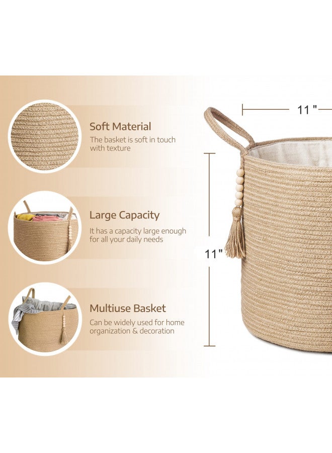 Mkono Mkono Woven Storage Basket Decorative Rope Basket Wooden Bead Decoration for Blankets,Toys,Clothes,Shoes,Plant Organizer Bin with Handles Living Room Home Decor, Jute, 11" W x 11"L - Image 4