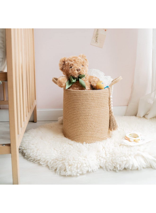 Mkono Mkono Woven Storage Basket Decorative Rope Basket Wooden Bead Decoration for Blankets,Toys,Clothes,Shoes,Plant Organizer Bin with Handles Living Room Home Decor, Jute, 11" W x 11"L - Image 5
