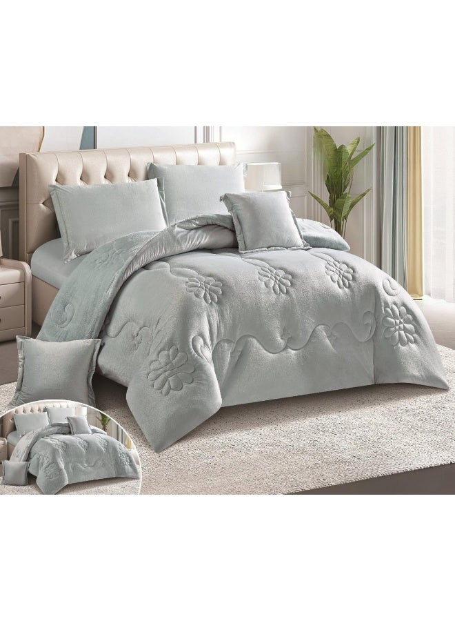 سمارت هوم مفرش سرير شتوي نفرين وجهين (وجه مخمل ووجه فرو) - مفرش بحشوة – طقم لحاف 6 قطع فاخر مزدوج كامل يشمل مفرش بحشوة 250×230 سم + واقي مرتبة مطاط 200×200+30 سم + 2 كيس مخدة 50×75+5 سم + 2 كيس وسادة مربعة 45×45+5 سم – مفارش نوم أنيقة فندقية ناعمة ودافئة للغرفة - Image 1