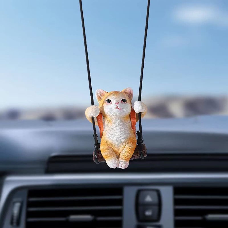 AMIORO Cute Swinging Cat Car Mirror Hanging Accessories Fun Interior Rearview Mirrors Decoration (Orange Cat) - Image 5