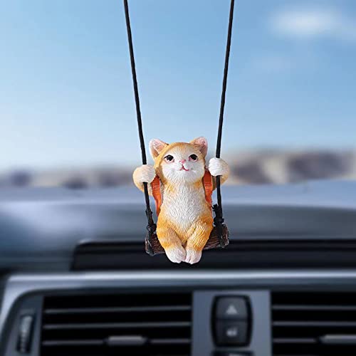 AMIORO Cute Swinging Cat Car Mirror Hanging Accessories Fun Interior Rearview Mirrors Decoration (Orange Cat) - Image 1