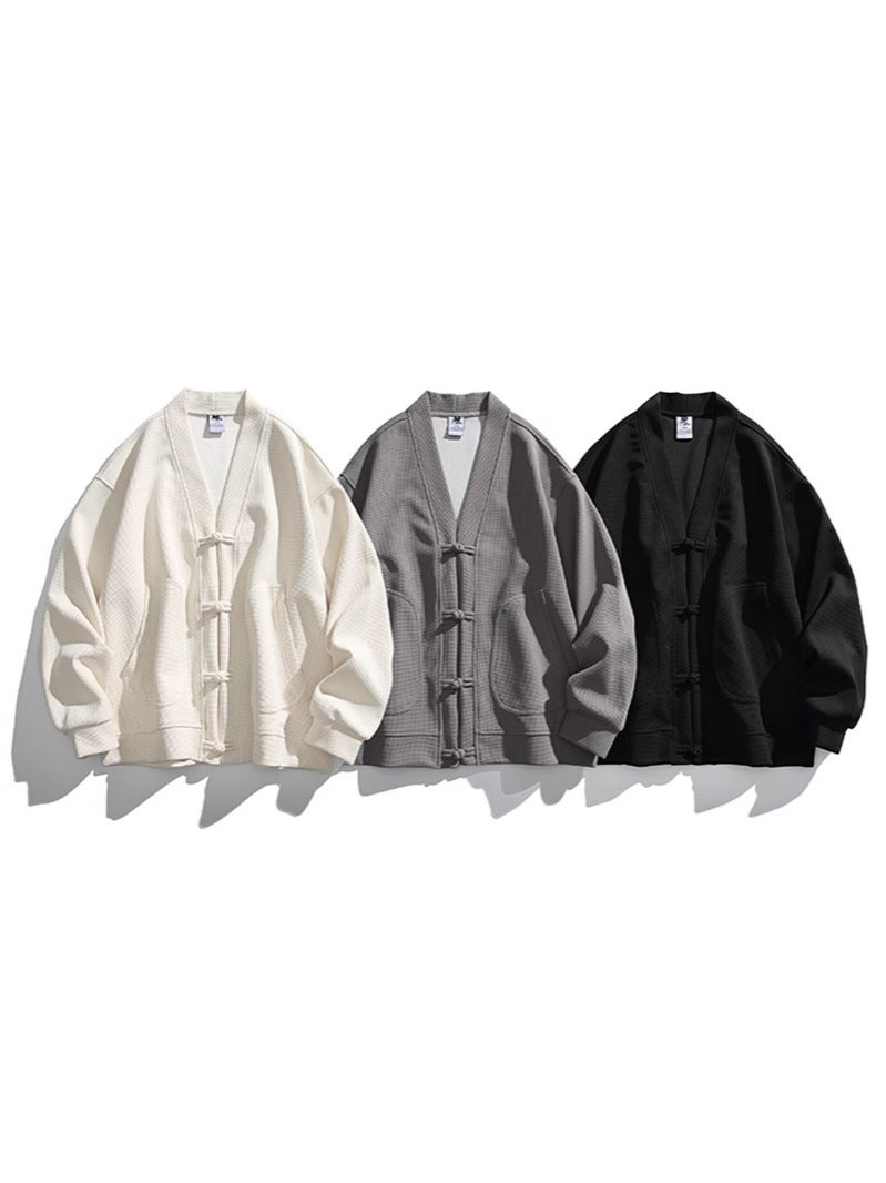 Rumeng New Chinese Waffle Texture Buckle V-Neck Cardigan Jacket For Men And Women New Loose Retro Casual Top - Image 2
