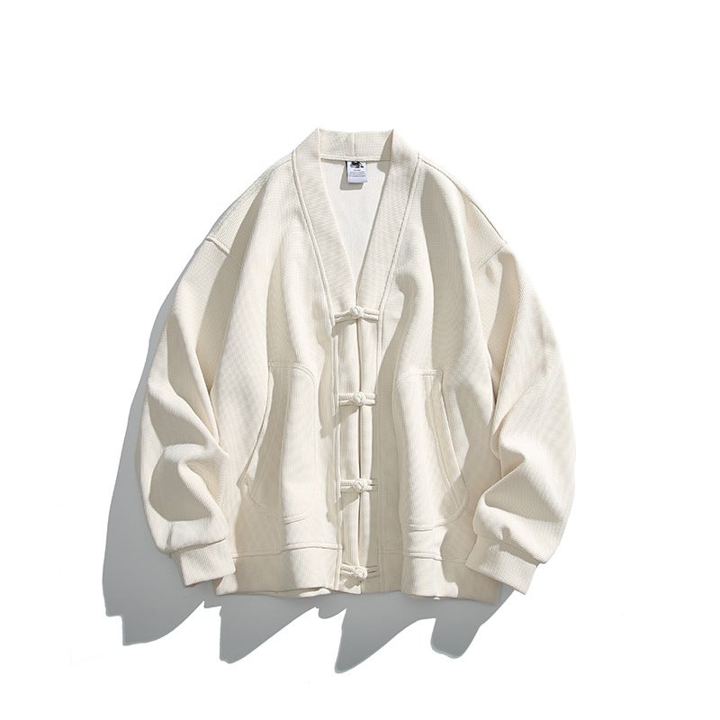 Rumeng New Chinese Waffle Texture Buckle V-Neck Cardigan Jacket For Men And Women New Loose Retro Casual Top - Image 1