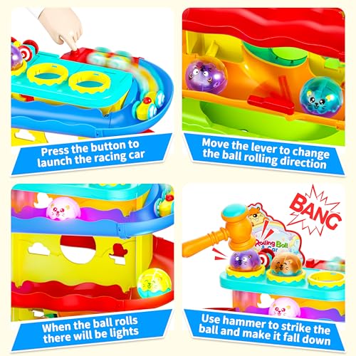 Funwee 2in1 Rolling Ball  Racing Car Ramp Toy for Toddlers Race Track Hammer Lights Ball Drop Interactive Montessori Learning Game Birthday Gift Idea for Kids 2 3 4 5Year Old Girl BoyYellow - Image 5
